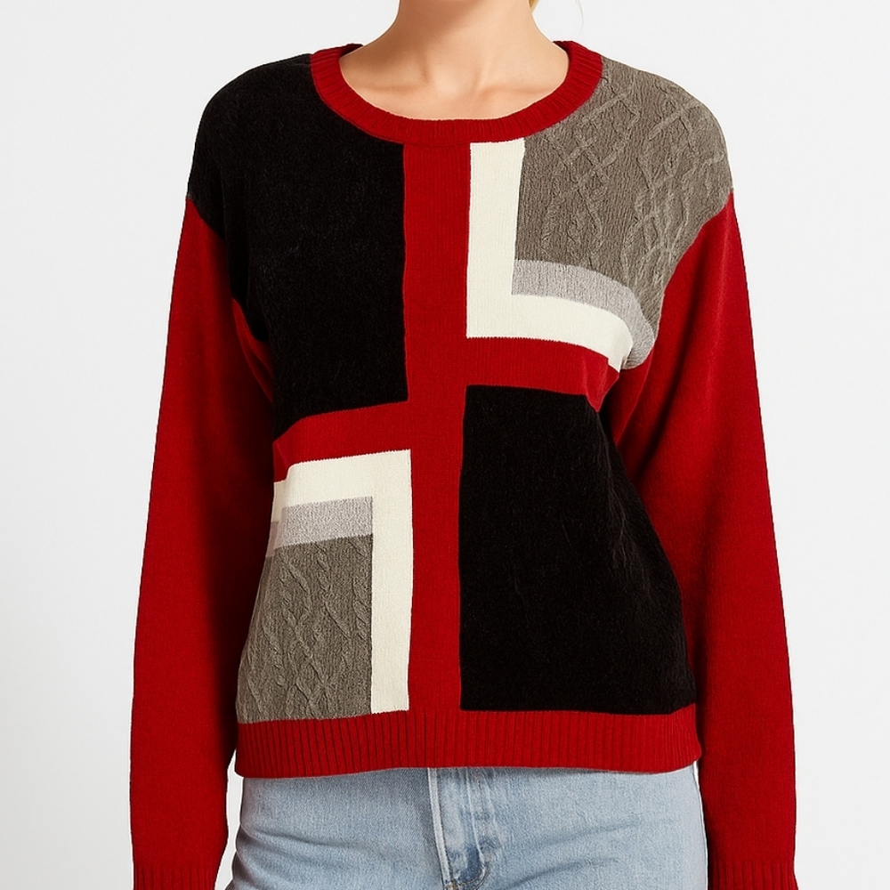 Colorblock 90's Red Black and Gray Chenille Cable Sweater 2X Soft Stretchy Retro